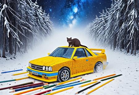 cuteup, cute, cutieup, neko made of Pencil_morph_style, Pencil_morph_style, cat made of pencil, snow, ice, Surreal with macabre undertones, earthy surreal edge,  feline made out of countless pencils, snow, ice, hyper detail, masterpiece, score_10, randshadscree, anime drawing style, anime movie, driving at high speed,countless galaxy,yellow, kitty made out of coffee, snow, ice, bright blue and yellow energized sport car, score_9, score_8_up, score_7_up, score_6_up, shiny, shiny, cloudy forest, Made of fluffy clouds, clutter, trash, fr0stwrld, snow, ice, Pencil_morph_style