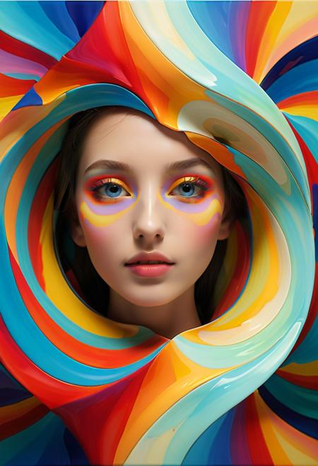 A face, initially serene, fills the frame with gentle lighting casting a soft glow on her porcelain skin. As she transforms, the camera zooms in to reveal a mesmerizing tapestry of swirling colors and shapes, like a living entity. Geometric patterns pulse with vibrant hues, bold lines and curves converging to form a 3D structure that undulates against a blurred background, where reality and fantasy blur in a kaleidoscope of hues. ng_deepnegative_v1_75t, BadDream, GeoF