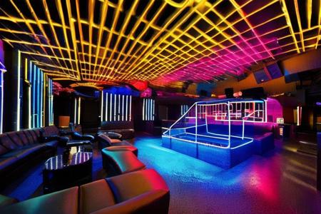 RAW photo,Night Club with neon lights, huge room, (high detailed :1.2), cyberpunk, dslr, soft lighting, high quality, (ultra realistic:1.2), Fujifilm XT3  <lora:OTA-NightClub-RealisticVisionV2.0:1>