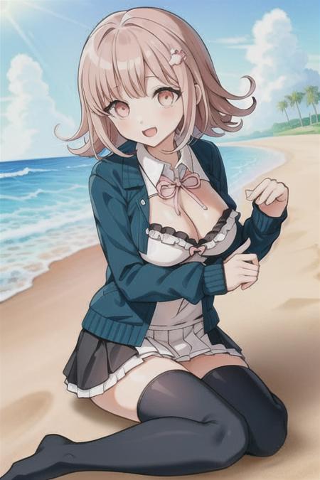 <lora:ChiakiDG:0.7>, ChiakiDG, Nanami Chiaki, zettai ryouiki, black legwear, light pink hair, large breasts, beach, sand, palm trees, white bikini, open mouth, smiling, sea shell,