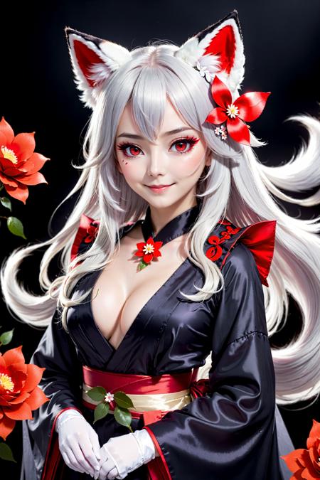 Enigma_Kitsune,  1girl,  solo,  long hair,  looking at viewer,  smile,  hair ornament,  red eyes,  gloves,  long sleeves,  dress,  holding,  animal ears,  medium breasts,  very long hair,  tail,  flower,  white hair,  grey hair,  parted lips,  black gloves,  puffy sleeves,  hair flower,  black dress,  collar,  from side,  animal ear fluff,  looking to the side,  petals,  fox ears,  makeup,  fox tail,  facial mark,  juliet sleeves,  black background,  red flower,  fox girl,  multiple tails,  eyeshadow,  red rose,  forehead mark,  holding flower,  sideways glance,  black kimono,  falling petals,  kitsune,  red eyeshadow,  red eyeliner,  official art,  specular highlights, <lora:EMS-20996-EMS:0.800000>