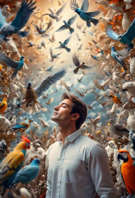 A beautiful masterpiece photo of a young man in heaven with beautiful birds and animals happy, (Very Intricate), (UHD), (Unreal Details), (Exquisite intricacies) . Selective focus, miniature effect, blurred background, highly detailed, vibrant, perspective control