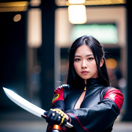 awoman in ninja suit in the streets is holding a sword, wearing ninja suit,
good hand,4k, high-res, masterpiece, best quality, head:1.3,((Hasselblad photography)), finely detailed skin, sharp focus, (cinematic lighting),  soft lighting, dynamic angle, [:(detailed face:1.2):0.2], medium breasts