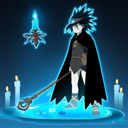 1boy, black hair, blue eyes, spiked hair, hair between eyes  Hat, cape, black cape, tunic, long sleeves, pants, boots, belt, blue gloves