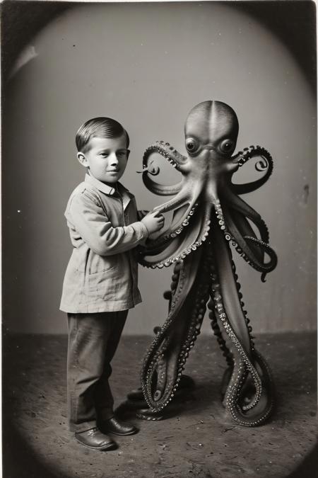 old photography, family photo, child is holding an octopus