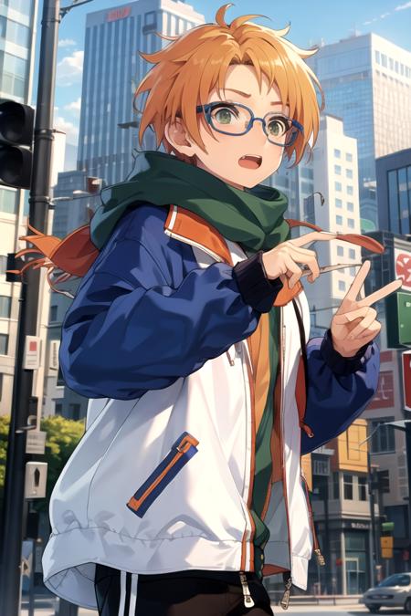 <lora:MakotoES-07:0.7>,makotoes, open mouth, jacket, upper body, outdoors, sky, glasses, hood, scarf, orange hair, hoodie, building, city