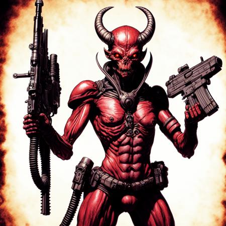 photo, drawing of a demon holding a machine gun (MartianWarlord style:1) <lora:djzMartianWarlordV21:0.8>