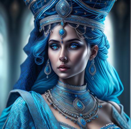 fusionart woman, blue hair, crown, blue dress, intricate designs, <lora:fusionart_v3:1>