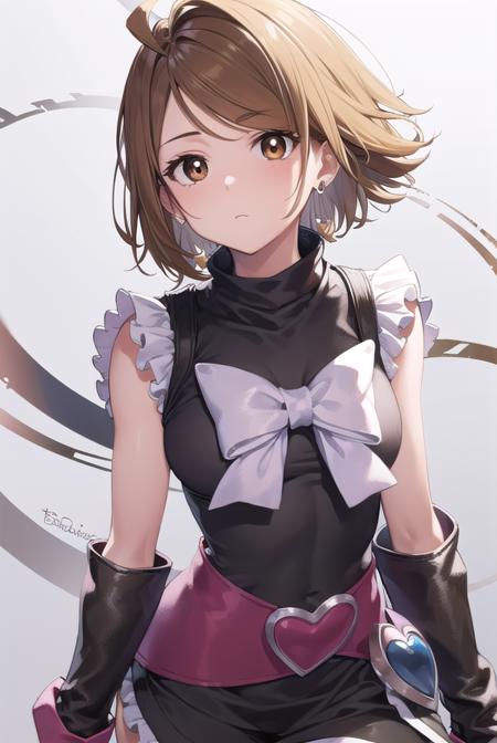 cure black, ahoge, (brown eyes:1.5), brown hair, eyelashes, short hair, (swept bangs:1.5), arm warmers, bike shorts, bike shorts under skirt, black footwear, black gloves, boots, bow, brooch, earrings, fingerless gloves, frilled legwear, frilled skirt, frilled sleeves, frills, gloves, heart, heart brooch, high heels, jewelry, knee boots, magical girl, ribbon, short sleeves, shorts, shorts under skirt, skirt,