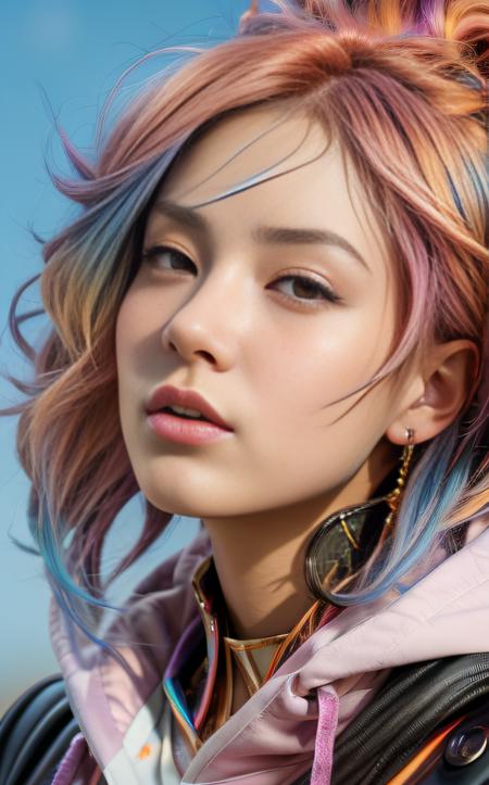 anime artwork ((best quality)), ((masterpiece)), (detailed), A captivating solo portrait of a girl with a vibrant hood and (multicolored hair:1.2), gazing directly at the viewer with an intense expression. Camera angle: Close-up, eye-level shot, highlighting the mesmerizing colors of her rainbow hair and the intricacies of her hood.
<lora:epi_noiseoffset2:1>  <lora:Niji:1> . anime style, key visual, vibrant, studio anime,  highly detailed
