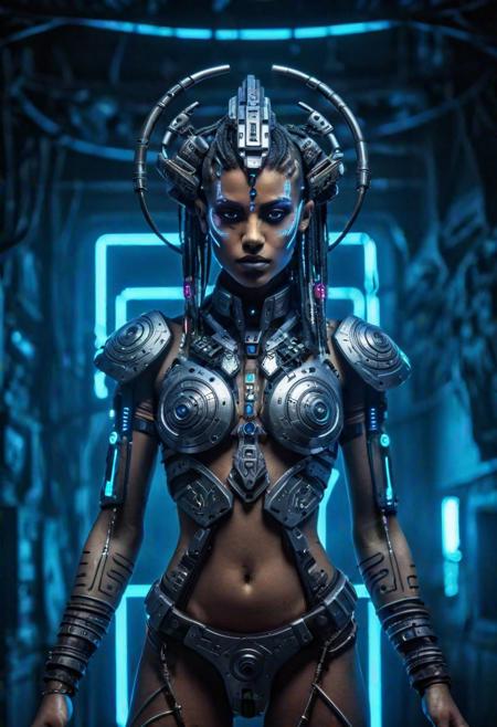Craft an image of a beautiful model posing in a cyberpunk-inspired tribal enclave, adorned with futuristic body modifications and tribal cybernetics amidst the pulsating rhythms of electronic beats and flickering holograms. Low-key lighting Style