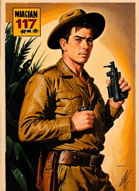 paining of tlj1 a man in mexican bandito outfit , pulp, by Earle Bergey, pulp style, by olfn 
 <lora:TommyLeeJones:1>