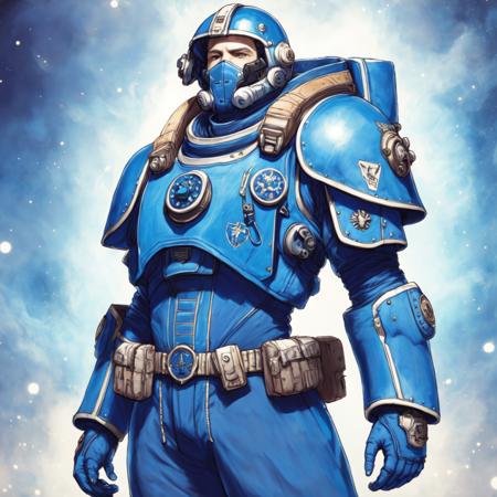 photo, a drawing of a man in a blue space marine suit (SpaceMarine style:1) <lora:djzSpaceMarineV21:1>