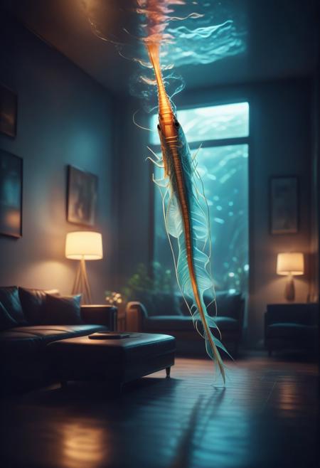 8k analog photo, long-snouted lancetfish swimming in the air in the luxury living room, minimalist,