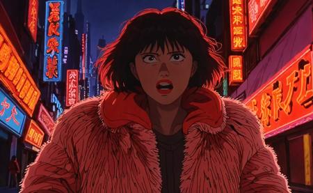 a frame of a animated film of  woman prostitute on the street, wearing a fuzzy jacket, red lighting, neon lights, new tokyo, 1girl, solo, style akirafilm <lora:Akira_Film_Style_XL:1>