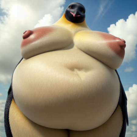 Gloria, female, obese, penguin, white underside, yellow patch on her chest