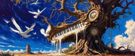A surreal dreamscape rendered in vibrant acid-bright gouache, depicting a grand piano melting over the branches of a gnarled oak tree. The painting employs Salvador DalÃ­'s signature soft-form distortion technique while incorporating Wassily Kandinsky's bold color theory. Piano keys float upward like white birds against a backdrop of swirling indigo and violet skies. Golden clockfaces with warped numerals are embedded in the tree bark, their hands spinning wildly. The composition follows a dramatic diagonal arrangement, creating visual tension between the solid tree and the liquefying instrument. Delicate tendrils of sheet music curl around the branches, transforming into flowering vines at their tips. The brushwork alternates between precise detail in the foreground elements and expressive, gestural strokes in the background atmosphere, creating a hypnotic depth. Small surrealist objectsâtiny ladders, floating eyeballs, miniature doorsâare hidden throughout the scene, inviting prolonged exploration. <lora:ck-painterly-fantasy-000017:0.3> <lora:Anime v1.3:0.4> <lora:Sinfully_Stylish_1.0_Flux:0.2> <lora:NeonFantasyPrimeFLUX-000049:0.3> <lora:Vintage comic book:0.5> <lora:flux_dev:1>
