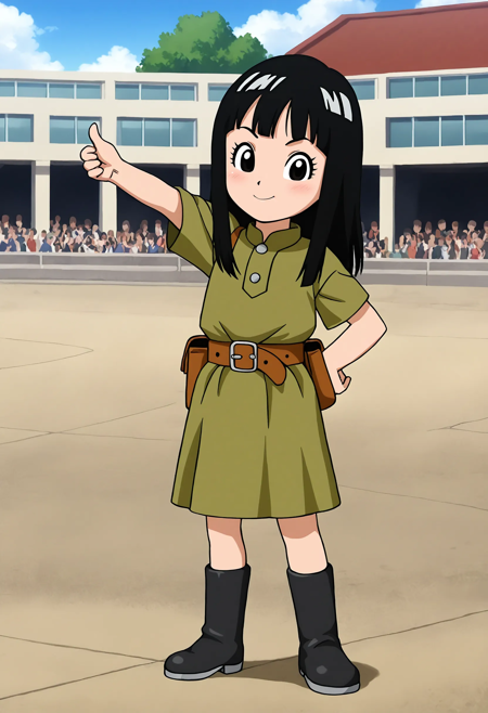 DBS-mai, black hair, long hair, black eyes, DBS-mai outfit,  green dress, belt, black boots,