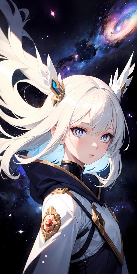 1girl, white hair, symbol-shaped pupils, space goddess, galaxy, light particles, light rays, wallpaper, high contrast, colorful,