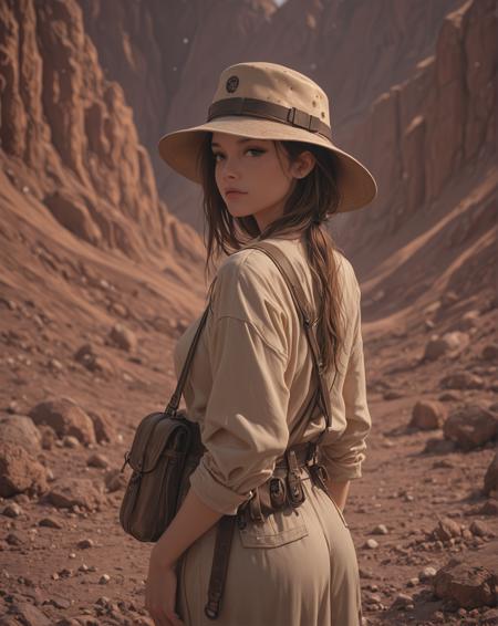 1Female wearing Rustic Clothing and military boonie hat. Hiking in the Grand Canyon. Large river. Beautiful Detailed eyes. Light make-up and eyeliner. Soft features. Depth of field, Photorealistic, Natural atmospheric lighting, intricate details, 35mm photograph, film, professional, 4k visuals, highly detailed, elegant, studio quality.