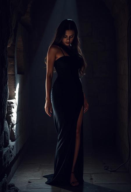 A photograph of a sexy dark princess with extremely large breast in a tight long black dress opened on the side of her legs. She looks in pain  in a old dungeon cell. Ray of light from the opennings in the stone wall.