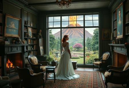An old style 1800's library with old furniture, a large amount of books on shelves with an assortment of artifacts on shelves, some paintings on the wall, and a lit fireplace. There is a large wall sized window looking out into a beautiful garden with an erupting volcano background. In the middle of the room, a single red haired, green eyed woman in a white wedding dress is looking out the window crying.