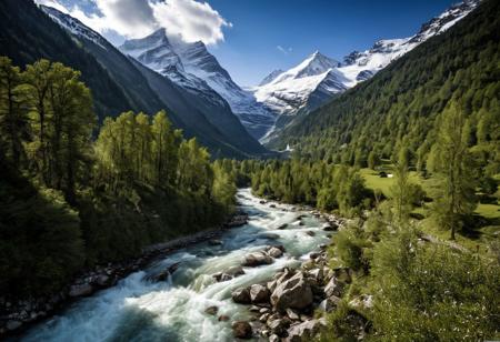 (photorealism:1.5), intricate details, extremely detailed, masterpiece, outstanding intricacies, best quality, hires textures, high detail, incredibly detailed,
masterpiece, photography, intricate details, perfect composition, ultra sharp, sharpness, RAW, (realistic:1.5),
Beautiful landscape in the mountain with snow mountains in the background. wild river flowing through a valley with lot of vegetation. Sun shining through cloudy sky, Switzerland,
vibrant colors, (national geographic:1.5),
