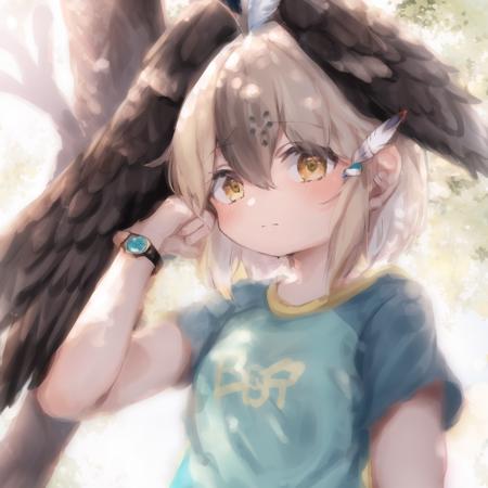 kusomeepchan, 1girl, ((solo)), shirt, beige hair, short sleeves, head wings, bird tail, beige bike shorts, short hair, hair between eyes, aqua t-shirt, shirt writing, bangs, hair tubes, yellow eyes, feather hair ornament, sidelocks, bare arms, watch, detailed shading, detailed ambient light