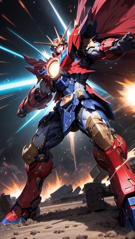 ((masterpiece)),(SRS), a (((super mecha))) with massive and  strong design, glowing eyes, full body, highly detailed,(heroic parts:1.5),(military parts:0.5), (dynamic pose:1.5),(highly detailed full armor:1.2), (battlefield:1.2), explosion, stray bullet,<lora:srd_v2_5:0.8>