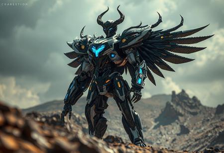 A powerful details Vulcan divine robot, rendered in sharp black/white with vibrant blue/yellow accents, stands in a dynamic pose atop the harsh, contrasting terrain of a Harpies' Hunting Ground, head turned, surveying the scene. Creative cinematic angle, captivating lighting, golden ratio composition, deep focus. Highly detailed 4K render, Octane, Unreal Engine 5, matte painting, CGSociety, trending on Artstation, contemporary aesthetics, handcrafted precision.