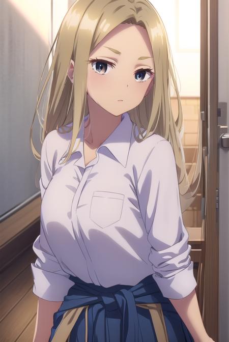 asamiyuuki, <lora:asami yuuki s1-lora-nochekaiser:1>,
asami yuuki, long hair, blonde hair, (brown eyes:1.5),
BREAK skirt, shirt, school uniform, white shirt, short sleeves, pleated skirt, shoes, socks, collared shirt, miniskirt, black footwear, sweater, blue skirt, pocket, breast pocket, clothes around waist, gyaru,
BREAK indoors, classroom,
BREAK looking at viewer, (cowboy shot:1.5),
BREAK <lyco:GoodHands-beta2:1>, (masterpiece:1.2), best quality, high resolution, unity 8k wallpaper, (illustration:0.8), (beautiful detailed eyes:1.6), extremely detailed face, perfect lighting, extremely detailed CG, (perfect hands, perfect anatomy),