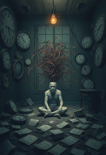 Depict the concept of insanity through a surreal scene. In the center, a human figure is sitting on the floor in a dark, crumbling room. The figure’s head is split open, with chaotic streams of thoughts, represented by twisted, tangled wires, flowing out. The room’s walls are covered with fragmented clocks and melting mirrors, symbolizing a distorted sense of time and reality. The floor is littered with broken pieces of furniture and scattered papers with incomprehensible scribbles. A single, flickering lightbulb hangs from the ceiling, casting eerie shadows that twist and move as if alive. The overall atmosphere should feel unsettling, conveying a mind on the brink of collapse.