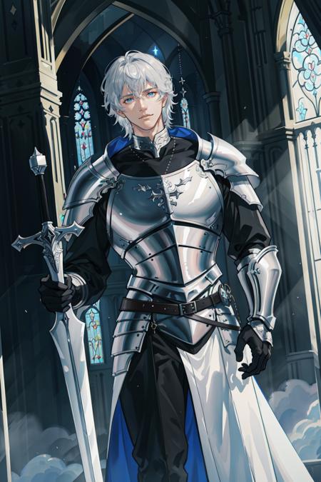 masterpiece, best quality, 1 male, adult, handsome, tall muscular guy, broad shoulders, finely detailed eyes and detailed face, extremely detailed CG unity 8k wallpaper, intricate details, short silver hair, knight, armor, large sword, holy, cathedral, religious, sublime, battleground, depth of field