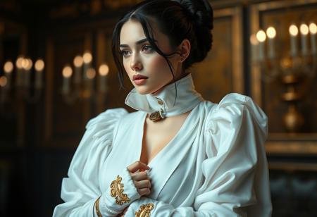 breathtaking masterwork 32k hd photo, sleek beautiful female, flowing gauzy imperial servant's regalia, latex infused, fetishistic servant, restraint collar and cuffs. Extremely high-resolution details, photographic, realism pushed to extreme, fine texture, incredibly lifelike