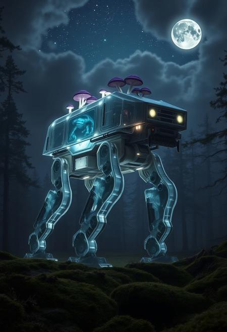 In the heart of an ancient, mystical forest, bathed in the eerie glow of a moon concealed behind thick, swirling clouds, strides a colossal translucent at-st Scout Walker. Its massive mechanical legs thunder across the moss-covered ground as it moves effortlessly through the landscape, its transparent body nearly vanishing in the vast expanse of stars above. The walkers form is translucent, barely visible against the endless cosmic canvas, with starlight piercing through its ethereal silhouette, casting a soft glow from within. The faintly shimmering Scout Walker takes on hues of deep blue and violet, refracting the distant starlight as it moves.
Soft, iridescent mushrooms, glowing faintly in deep purple and emerald hues, sprout from the back of the massive beast, casting brief flickers of light that dance across the shadows of the forest floor. Its eyes, luminous and full of ancient wisdom, gleam as they gaze out from the shifting form, reflecting the brilliance of distant galaxies.
The forest around it stretches endlessly, a labyrinth of twisted, ancient trees wrapped in dark, velvety moss, their branches reaching toward the sky like shadowed fingers. Hints of deep turquoise and dark purple swirl in the air, blending into the atmosphere, as though the entire realm is bathed in a palette of deep, enchanted twilight. The walkers silhouette moves gracefully through this dreamlike landscape, a serene giant in the midst of the cosmic night.