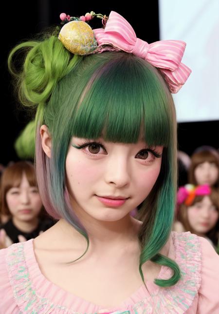 1girl, pamyurin, stage, audience, crowd, facing viewer, looking at viewer, eye contact, outdoors, festival, green hair, petite, flat_chest, blush, long_eyelashes, fake_eyelashes, masterpiece, absurdres, highres, realism, hair accessories, harajuku fashion, teen girl, full_body