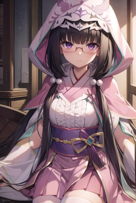 osakabehime, <lyco:osakabehime-lyco-nochekaiser:1>, 
osakabehime, black hair, gradient hair, long hair, low twintails, multicolored hair, (purple eyes:1.1), twintails, glasses, pink-framed eyewear,
BREAK cape, detached sleeves, hood, hood up, hooded cape, obi, yes, pink skirt, sandals, sash, skirt, tabi, white legwear, pink hood, pink cape,
BREAK looking at viewer,
BREAK indoors,
BREAK <lyco:GoodHands-beta2:1>, (masterpiece:1.2), best quality, high resolution, unity 8k wallpaper, (illustration:0.8), (beautiful detailed eyes:1.6), extremely detailed face, perfect lighting, extremely detailed CG, (perfect hands, perfect anatomy),