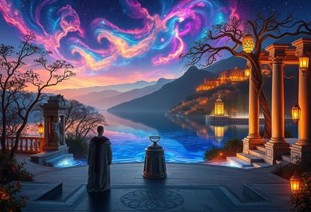 A mystical, ethereal landscape at twilight, where a glowing crystal lake lies at the center, its surface mirroring the vibrant hues of a swirling nebula sky filled with stars and distant galaxies. The shores are lined with grand, intricately designed marble columns and statues reminiscent of classical Italian architecture, their surfaces adorned with vines of glowing flora. Towering, bioluminescent trees with delicate, ornate branches glow softly against the horizon, while the distant, rolling hills are crowned with terraced villas and cascading fountains inspired by the beauty of Tuscany. Above, luminous clouds and iridescent mountains rise, their shapes almost dreamlike, as they blend with the fading light of the universe.
In the foreground, a figure draped in regal, flowing robes reminiscent of Renaissance nobility stands upon a smooth stone piazza leading to the lake. Around them, floating orbs of light and intricate runes circle, as they weave an ancient, magical spell. The air is thick with enchantment, as golden lanterns hanging from the nearby trees sway gently in the warm breeze. The entire scene is a fusion of otherworldly serenity and the timeless elegance of Italian craftsmanship, where art, nature, and magic coexist in perfect harmony.