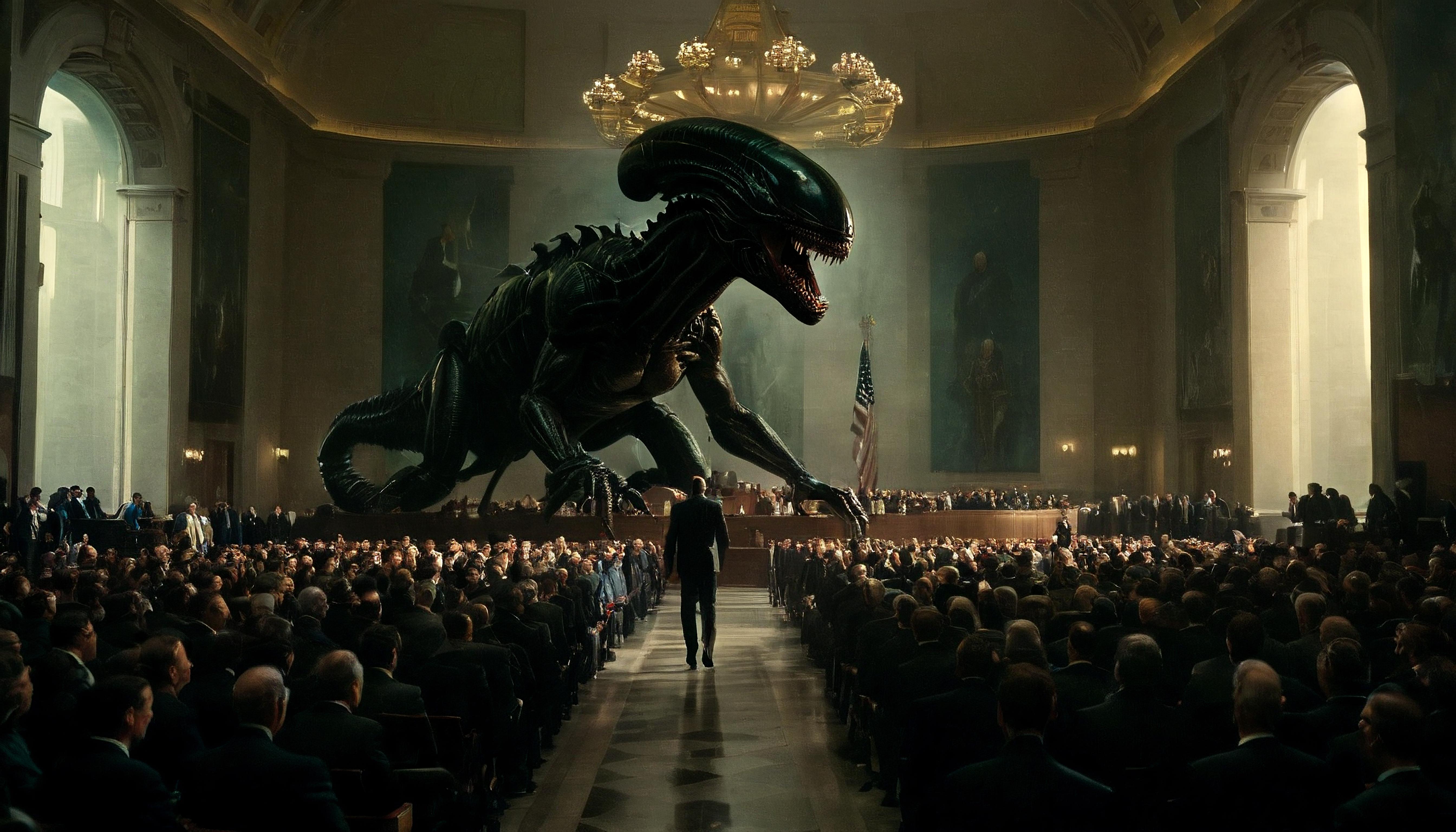 A man standing in front of a massive Alien creature in a room filled with people.