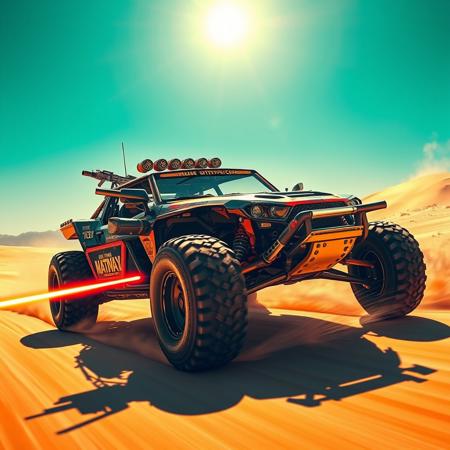 madmax ciberpunk offroad style sport car in the sunny desert, runnning high speed, lasers, guns, masterpiece, 4k, high details