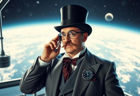 A rich person with a monocle, a moustache and a top hat, is staning on a space station. 1950s style. The person has a hologram watch, wich he is taking a phone call with. The monocle has only one glass.