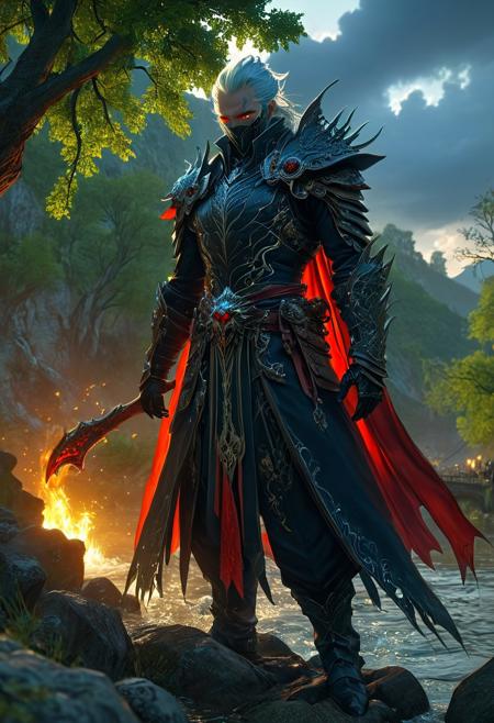 A striking and awe-inspiring graphic novel scene depicts the sinister Boss Rouge assassin, the armored leader of his clan from Final Fantasy 15. He stands ominously atop a riverbank, illuminated by the soft light of the setting sun, with trees casting a mesmerizing glow. The assassin's tattered white armor is embellished with delicate red accents and a flowing cape, incorporating dark fantasy and Lovecraftian elements. The artist's expert 3D rendering creates a cinematic experience, engulfing viewers within this atmospheric setting.
The harmonious fusion of vibrant painting, architecture, portrait photography, anime, poster, photo, cinematic, and other artistic elements culminates in this visual masterpiece, showcasing elements of dark fantasy, fashion, and ukiyo-e art.