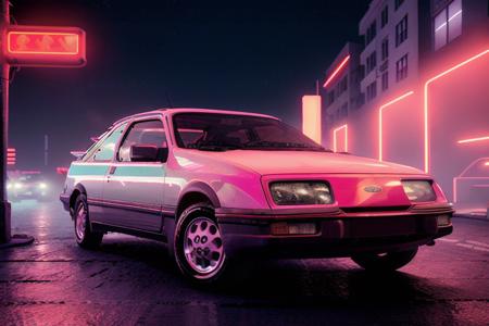 analog gloomy photo of a red Ford Sierra car, <lora:s13rr4:1>, racing down a neon highway at night, outrun, synthwave, retrowave, purple sky, pink and cyan lights, palm trees, flamingos, (cyberpunk), High Detail, Sharp focus, ((photorealism)), realistic, best quality, 8k, award winning, dramatic lighting, epic, cinematic, masterpiece