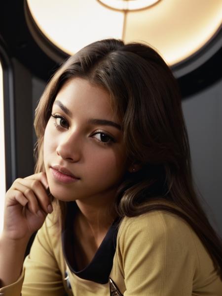 (startrektos yellow dress:1.3),r1ta-001, brunette hair, brown eyes, on on a space station, finely detailed skin, rim lighting, hard lighting, ((hasselblad photography)) (8K, 16k, uhd, dslr), (RAW photo:1.2), (best quality:1.4), (high quality:1.4), (masterpiece:1.2), (realistic:1.3), (photo-realistic:1.4), ultra-detailed, (grainy:0.4) <lora:StartrekTosV3-000028:0.8>  epiCRealism