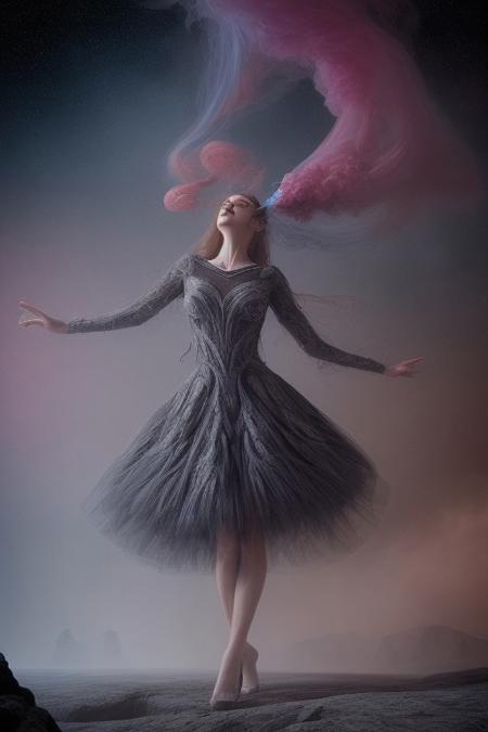 surreal, waltz of fractal smoke over the abyss, fantasy smoke, dresses and stars, dynamics, movement, wind, colorful, intricate details, perspective, hyper-detailed, hyper-realism, professional photoshoot