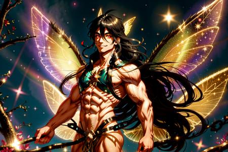 <lora:GoodHands-vanilla:1>, Fairy Forest, Fairy Theme, Fairytale,
1boy, Fairy, Fairy Wings, Big Wings, colorful wings, very long hair, black hair, black thong with gold rim, muscular, glowing red eyes, evil smile,