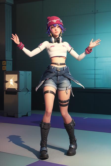 wearing a red beanie,  casual clothing, thighhighs,  headphones around neck, red facemarks,  multicolored hair, yellow and purple hair, croptop , denim shorts and black boots