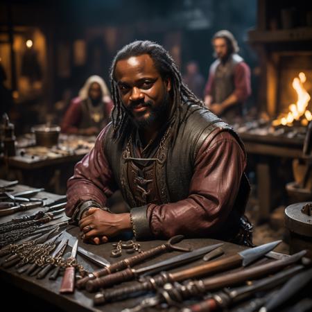 highly detailed analog photo of weaponsmith:1.2, 

black hair, 1boy, jewelry, male focus, multiple boys, solo focus, dark skin, bundles of weapons, workbench, dark-skinned male, beard, forge, necklace, blurry, facial hair, chain, blurry background, realistic:1.3


masterpiece, best quality:1.1, 


(analogue photography:1.2),



