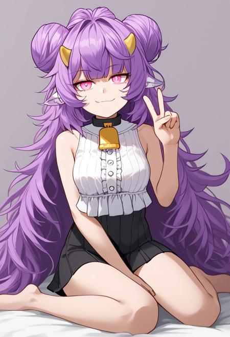 Muu_Muyu, purple hair, long hair, hair bun, animal ears, double bun, horns, very long hair, pink eyes, bangs, messy hair neck bell, white shirt, sleeveless shirt, black skirt, lab coat, off shoulder, ribbed shirt, frills