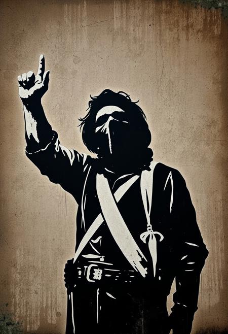 Ablack-and-white stencil of a faceless revolutionary, but painted onto an aged, oil-textured background reminiscent of a forgotten museum piece, making the old and the new collide in a haunting juxtaposition.
Old Master-inspired realism meets stencil-based street art, dramatic chiaroscuro lighting with gritty urban textures, muted Renaissance color palette blending with high-contrast political imagery, classical portraits infused with modern rebellion, haunting and introspective storytelling